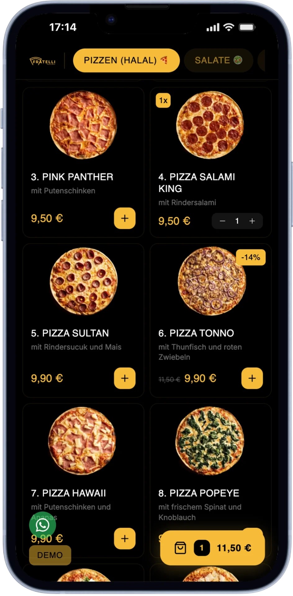 Bestellshop von Pizzeria Fratelli im eigenen dunklen Branding