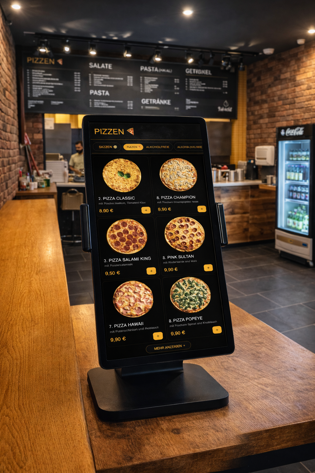 Self-Order-Terminal auf dem Tresen einer Pizzeria