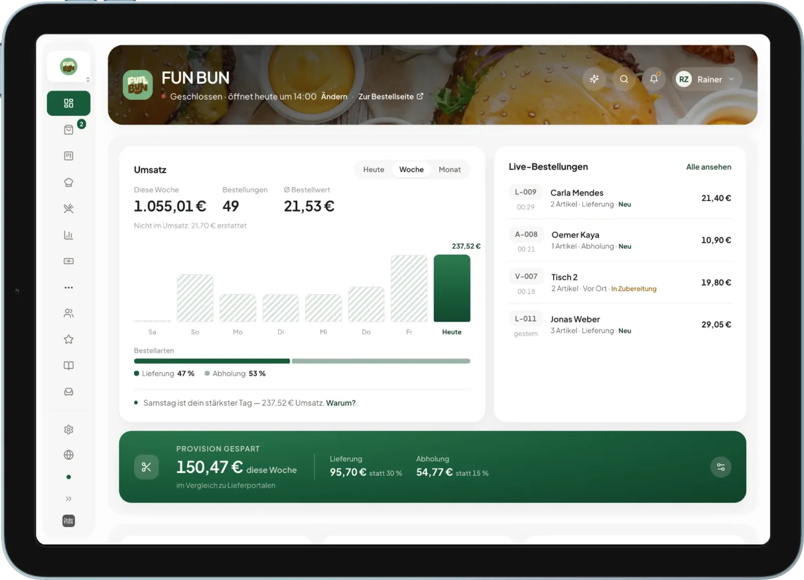 OrderFront-Dashboard mit Tagesumsatz, offenen Bestellungen und Kanalübersicht