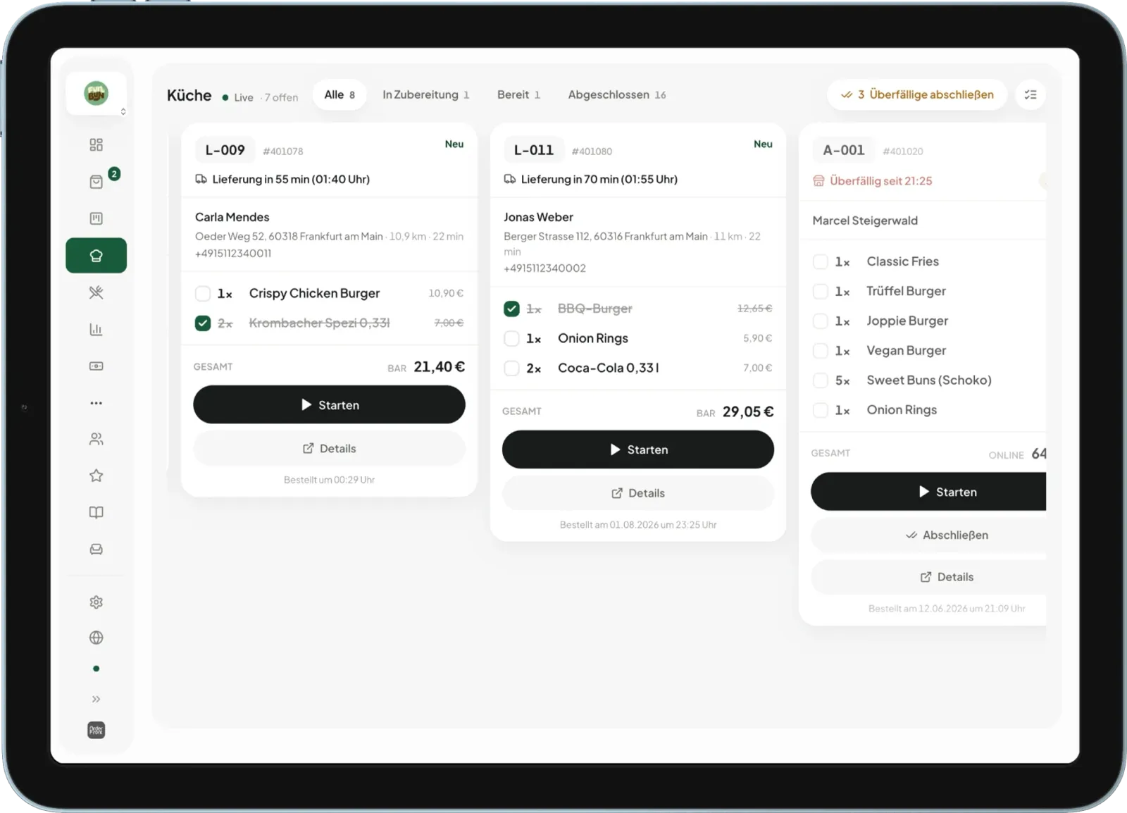 Küchenboard mit Lieferbestellungen inklusive Adresse, Entfernung und Lieferzeit
