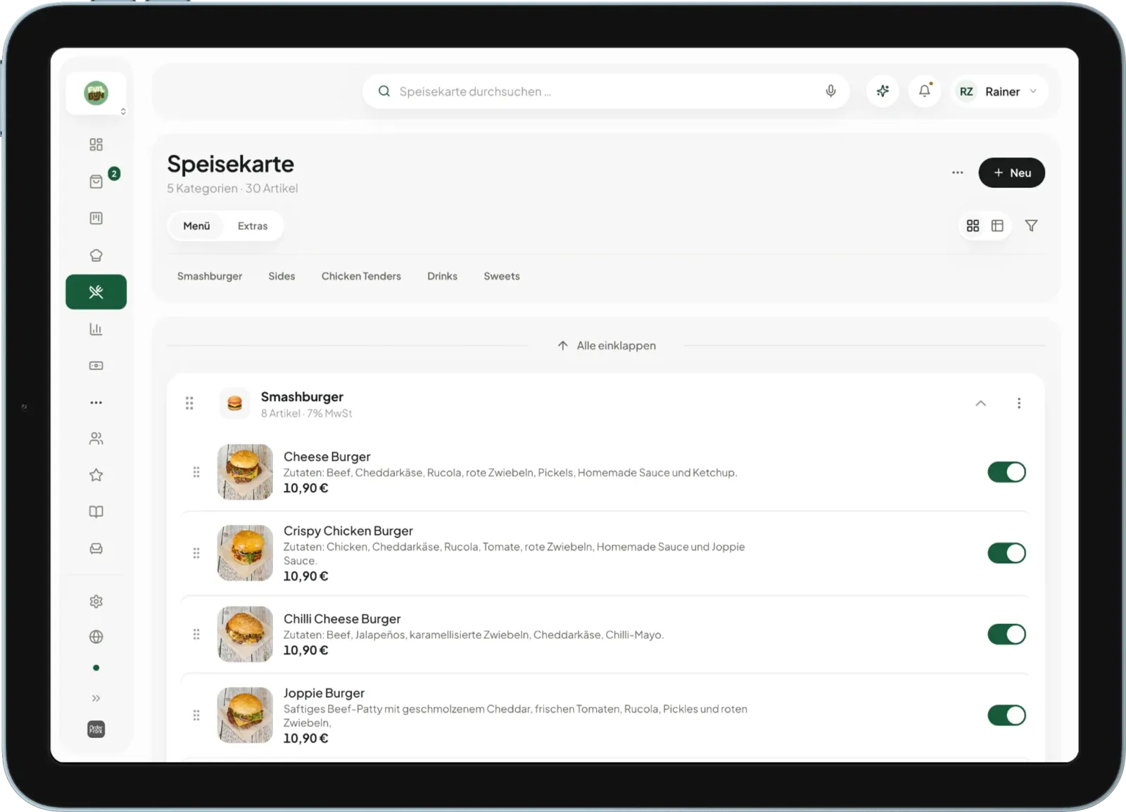 Speisekarten-Verwaltung im OrderFront-Dashboard