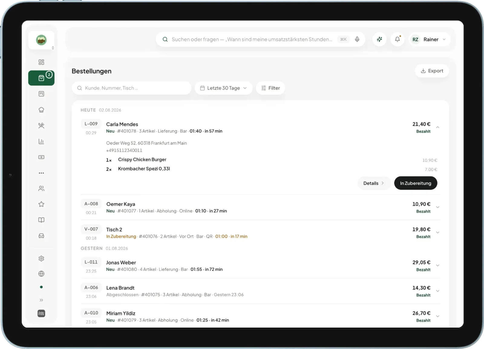Bestellübersicht mit Abhol- und Lieferbestellungen im OrderFront-Dashboard