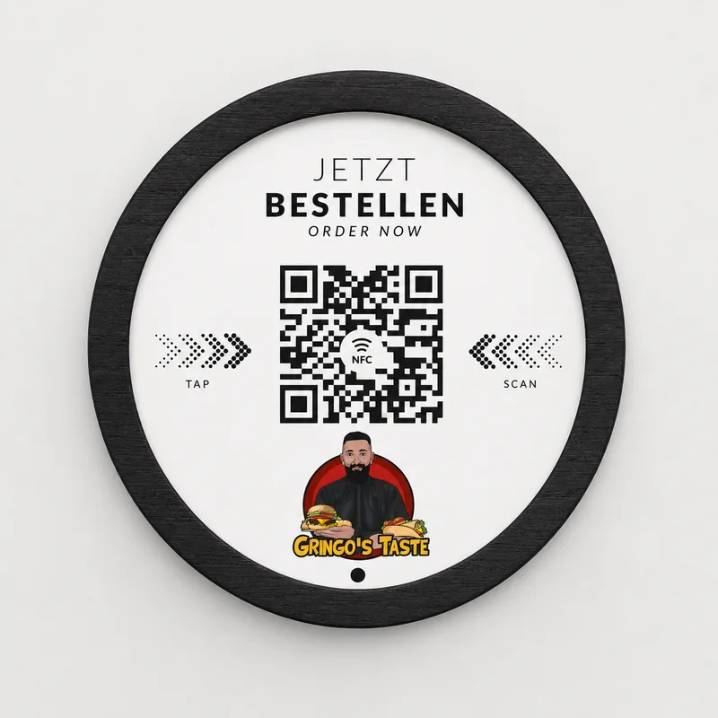 Runder QR- und NFC-Tischaufsteller im Branding von Gringo’s Taste
