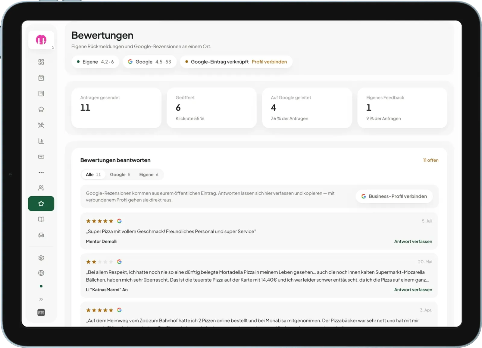 Bewertungsübersicht mit Google-Rezensionen im OrderFront-Dashboard