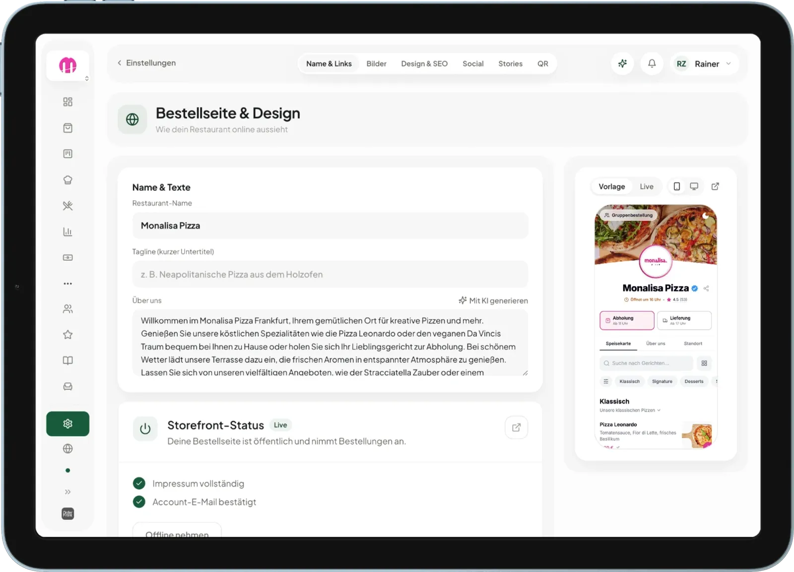 Einstellungen der Bestellseite mit Name, Beschreibung, Storefront-Status und Live-Vorschau