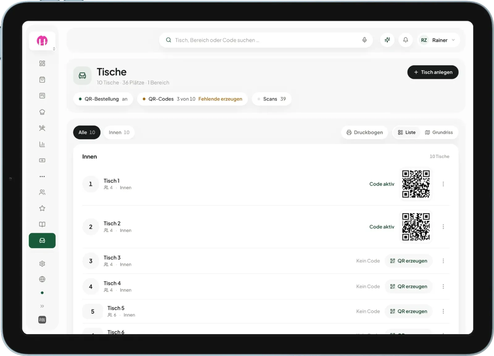 Tischverwaltung mit QR-Codes im OrderFront-Dashboard