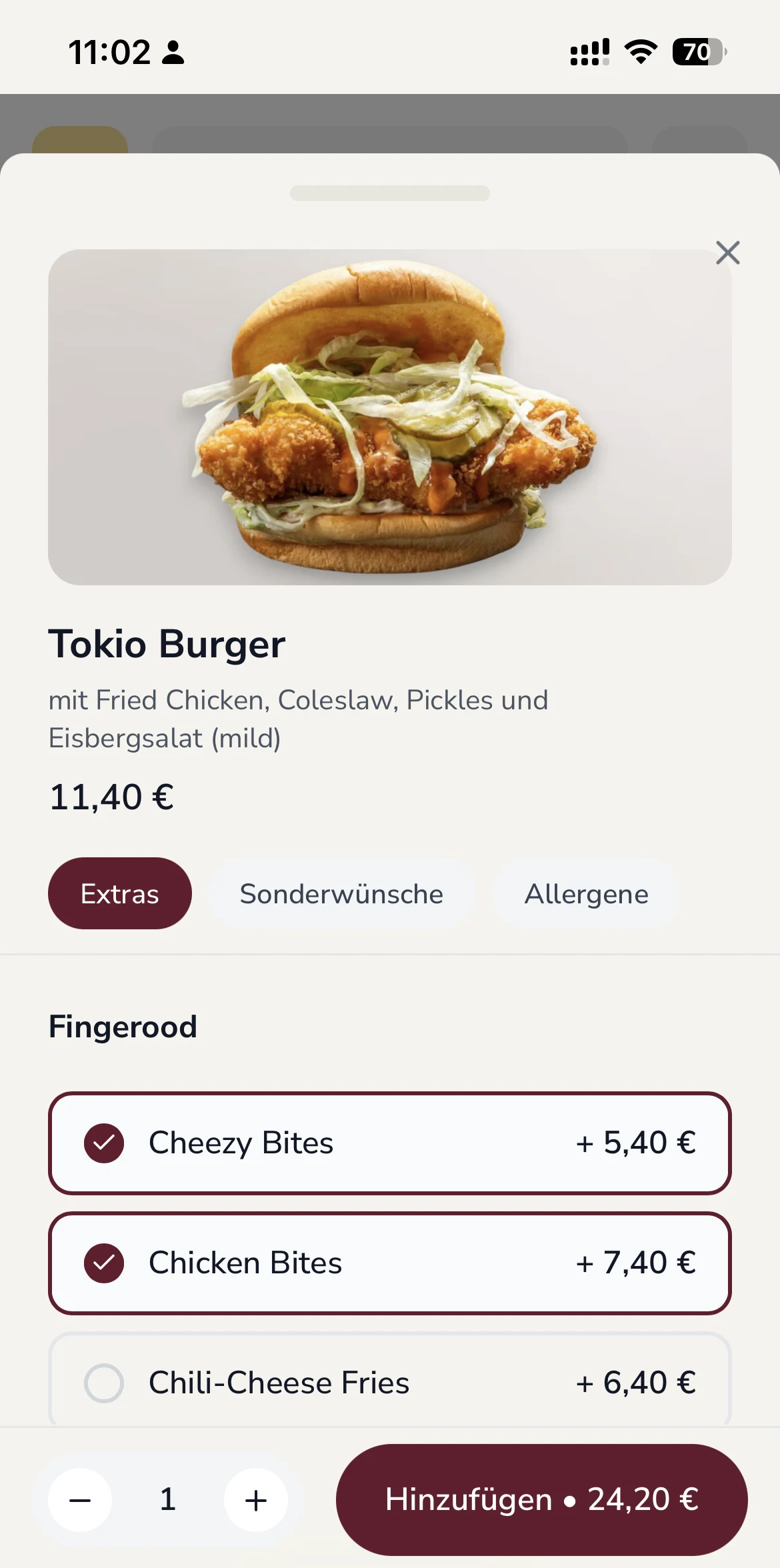 Artikel im Bestellshop mit Extras und Aufpreisen direkt darunter