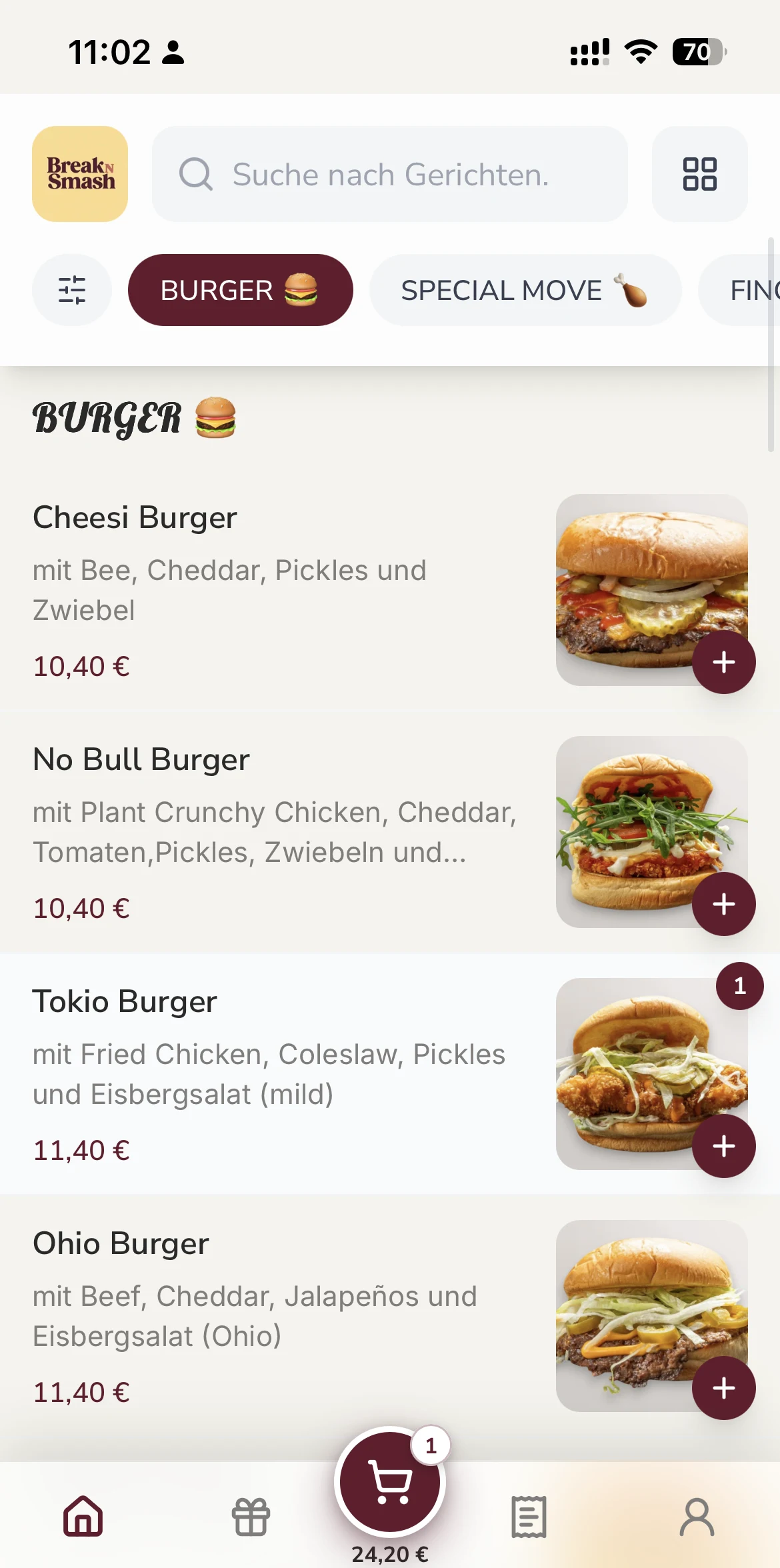 Speisekarte im Bestellshop von Break n Smash mit Kategorien, Beschreibungen und Preisen