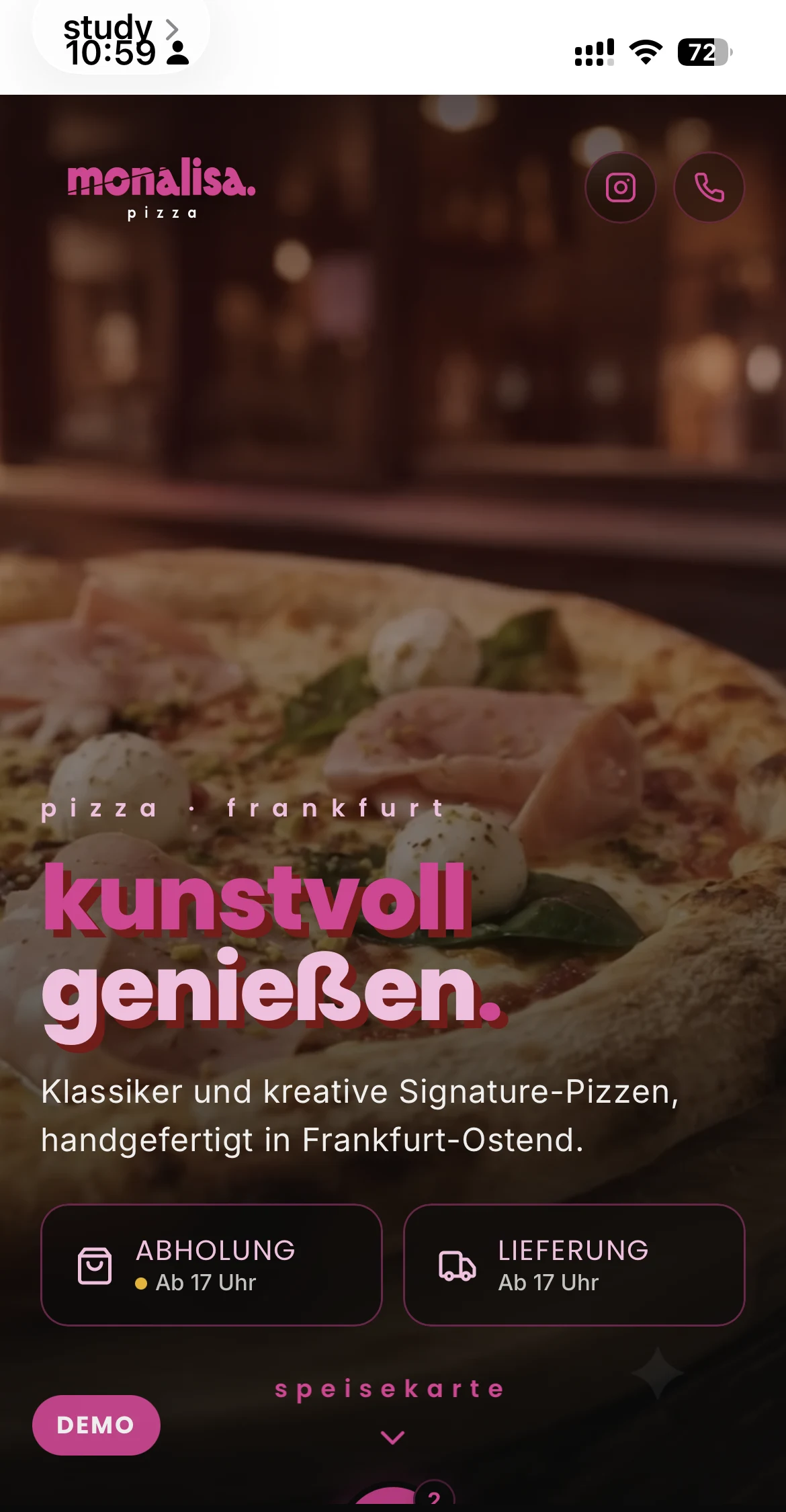 Premium-Bestellseite von Mona Lisa Pizza auf dem Smartphone: Titelbild, Abhol- und Lieferzeiten, Speisekarte
