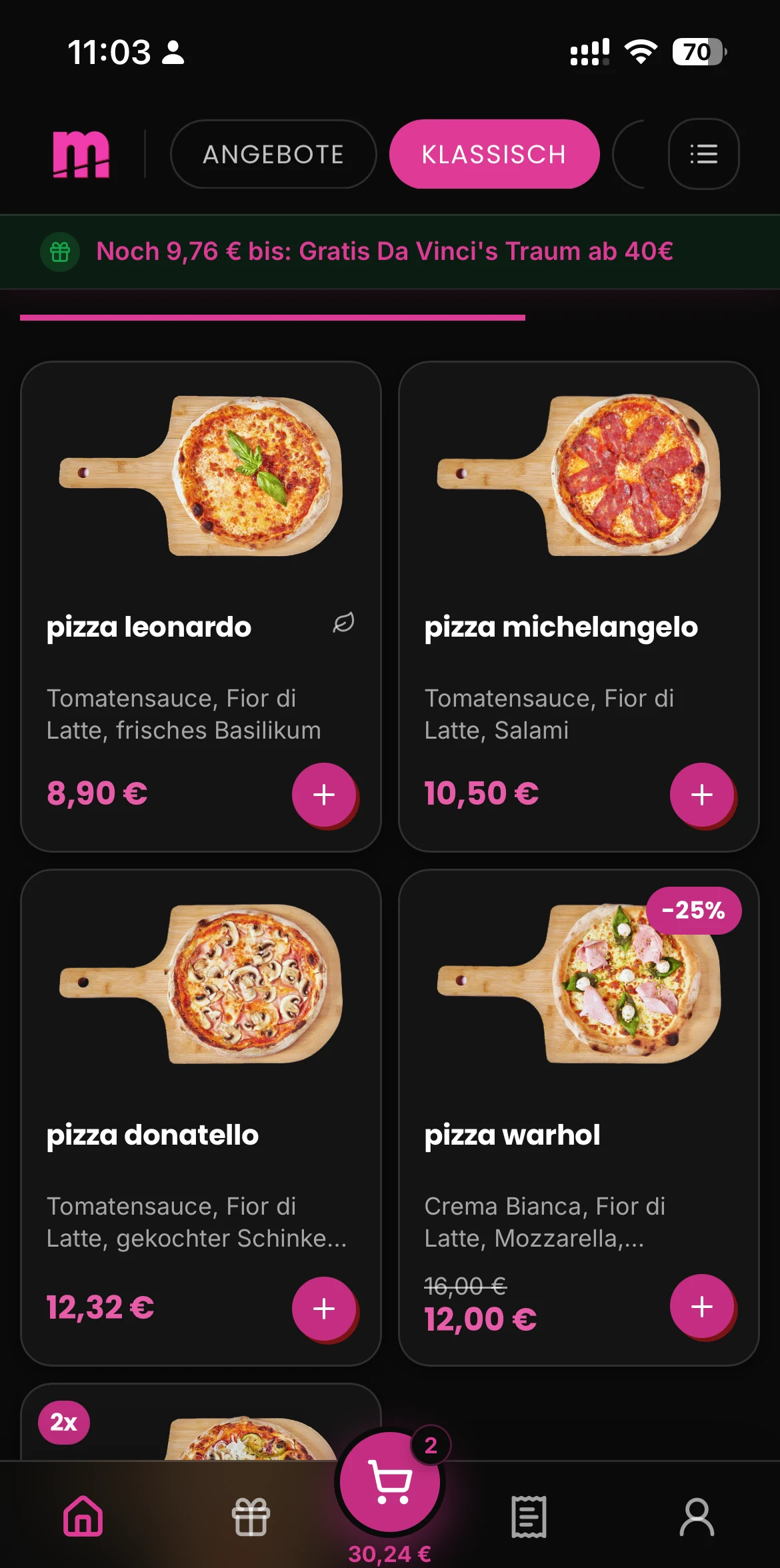 Speisekarte im Premium-Shop von Mona Lisa Pizza mit Pizzen, Aktionspreisen und Treuefortschritt