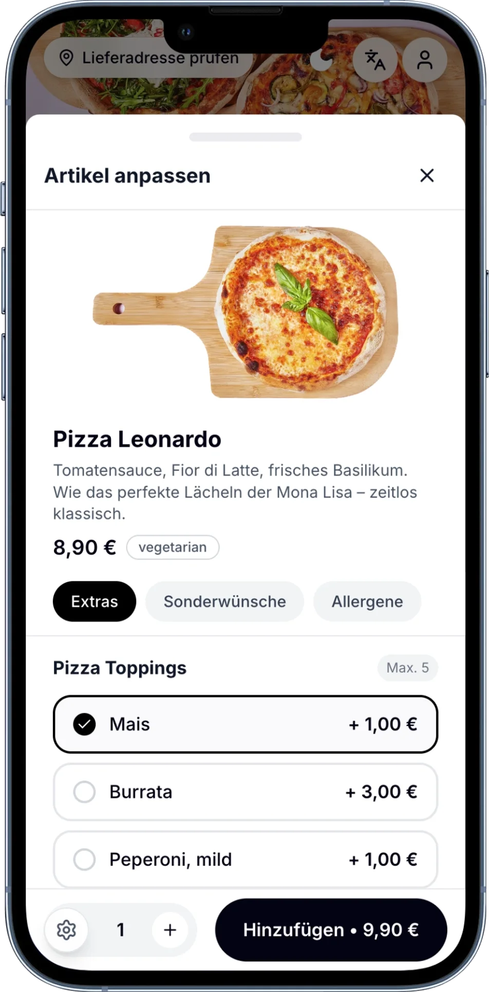 Bestellshop von Mona Lisa Pizza: Artikel mit Extras anpassen