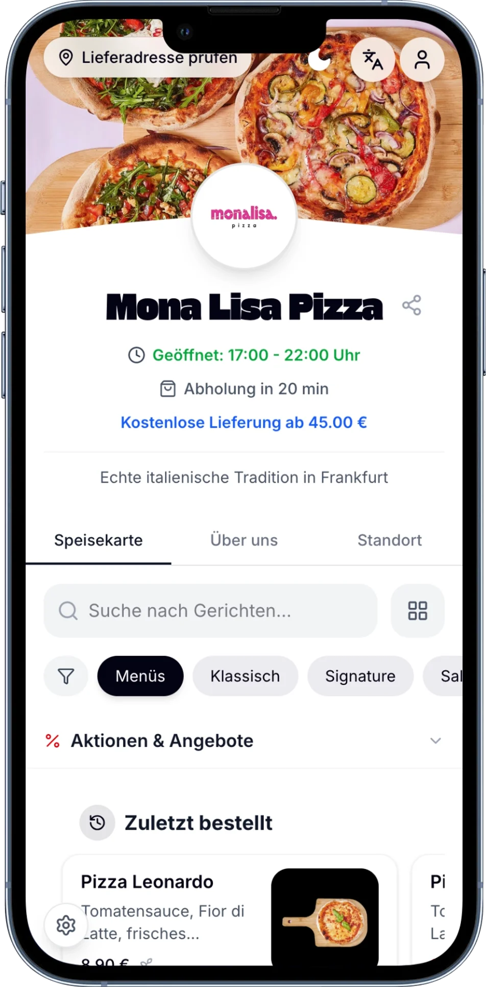 Bestellshop von Mona Lisa Pizza mit Speisekarte und Abholzeit